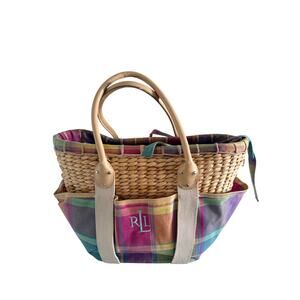 Ralph Lauren Woven Straw Basket Tote Bag - Plaid Canvas Accents